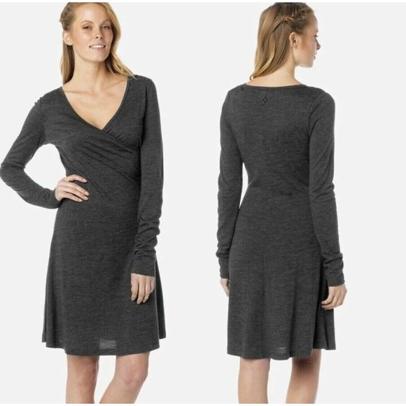 Prana‎ Nadia Grey Faux Wrap Long Sleeve Lightweight Wool Blend Dress Large - Picture 1 of 6